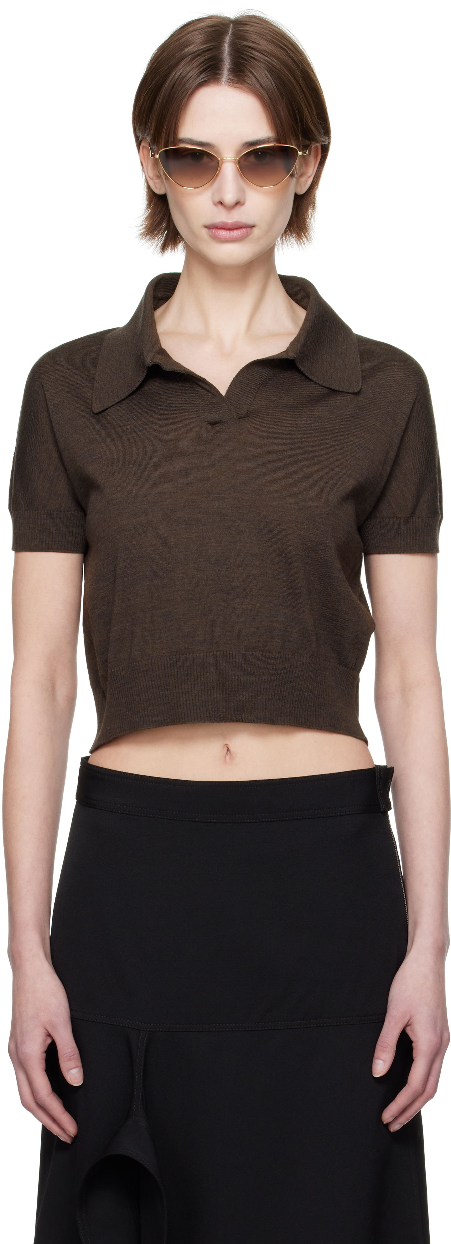 Поло тениска Khaite Khaite Morgane Cropped Knit Polo Кафяво | 9747511, 0