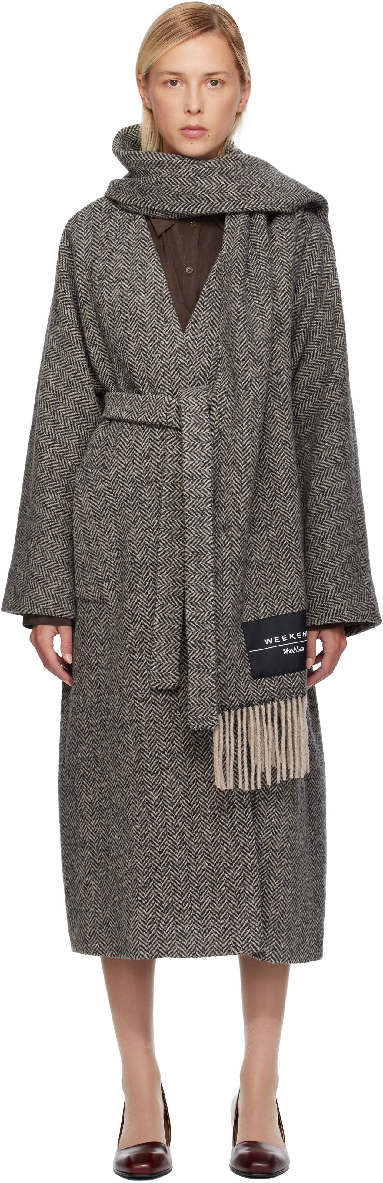 Палта Max Mara Weekend Zenica Herringbone Belted Coat with Scarf Сиво | 2525016042600, 0
