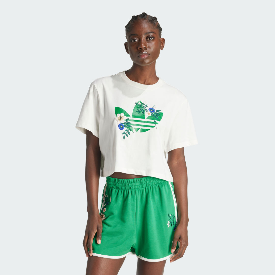 Съкратен топ adidas Performance Cropped Floral Trefoil Graphic T-Shirt Бяло | IS3870, 0