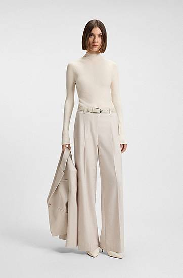 Пуловер BOSS Mock-neck sweater in merino wool with mixed ribbing Бежово | 50549166, 1