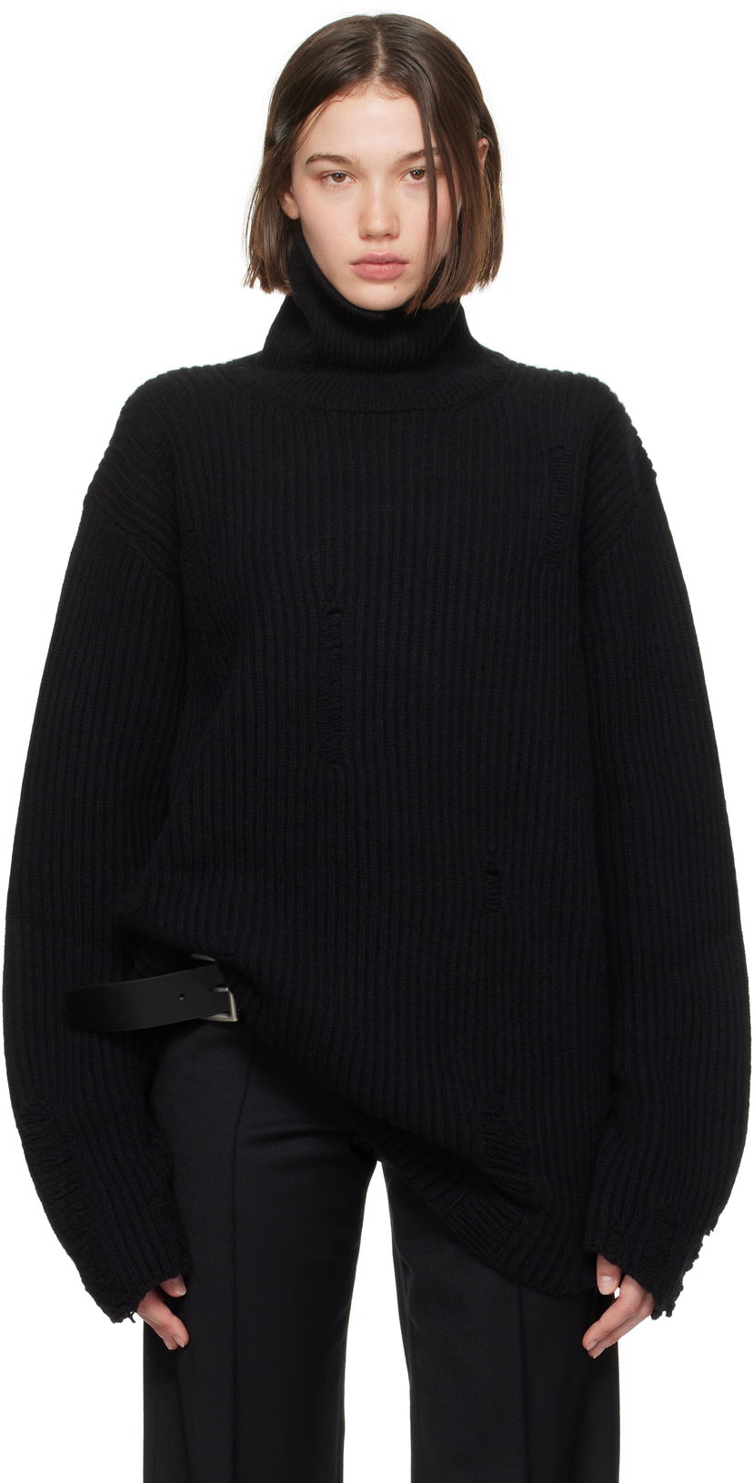 Пуловер Ann Demeulemeester Oversized Distressed Turtleneck Sweater Черно | 2402-W-KN32-KN048-099