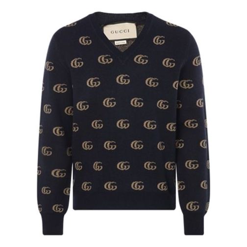 Пуловер Gucci Jacquard Wool V-Neck Sweater Тъмно синьо | 645292-XKBPF-4804