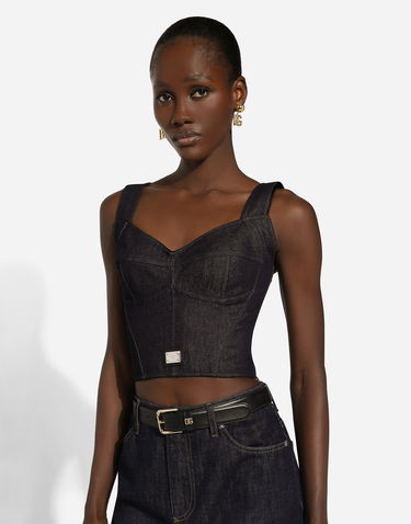 Съкратен топ Dolce & Gabbana Cotton Denim Corset Top Синьо | F7W98DG8LT2S9001, 3