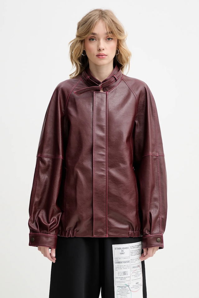 MM6 Maison Margiela Oversized Faux Leather Bomber Jacket with Tie Collar