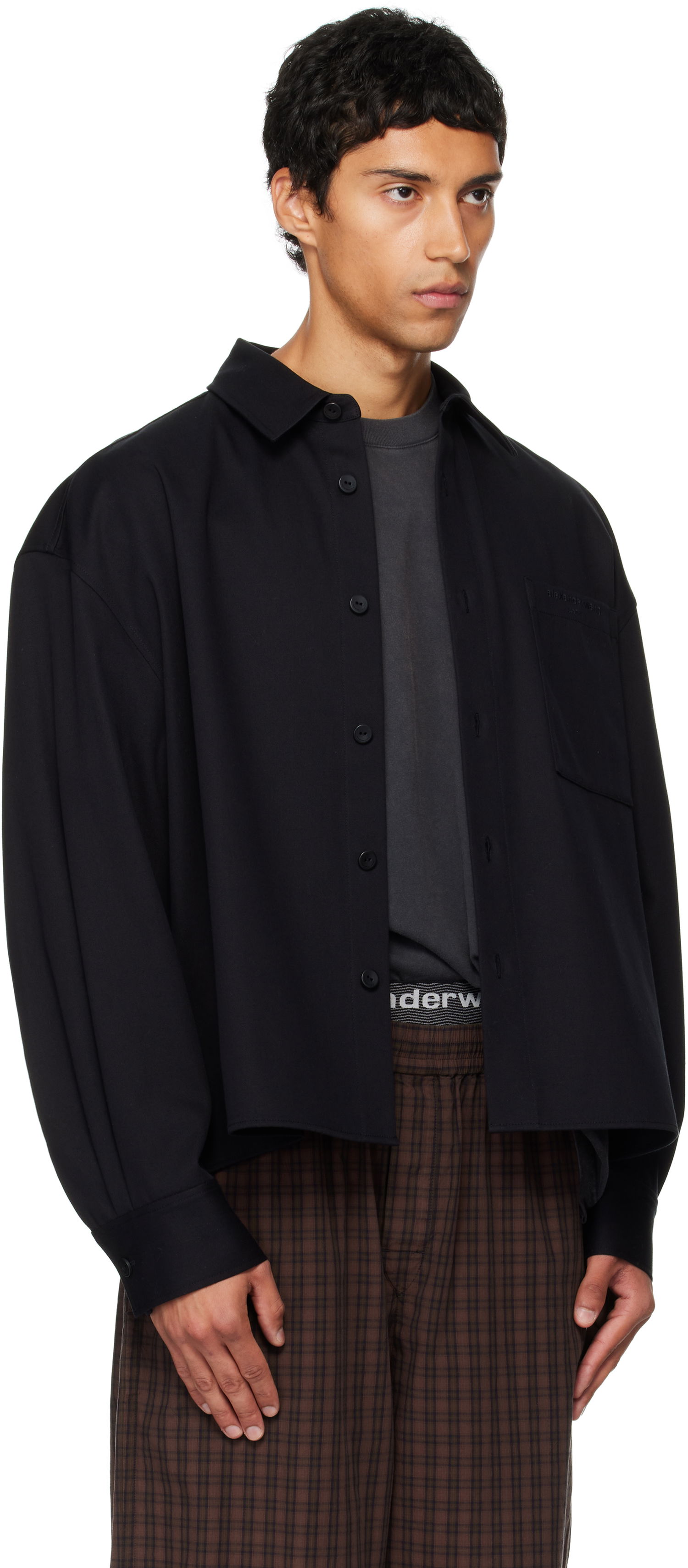 Риза Alexander Wang Alexander Wang Boxy Cropped Long Sleeve Shirt Черно | 6WC3251092, 1