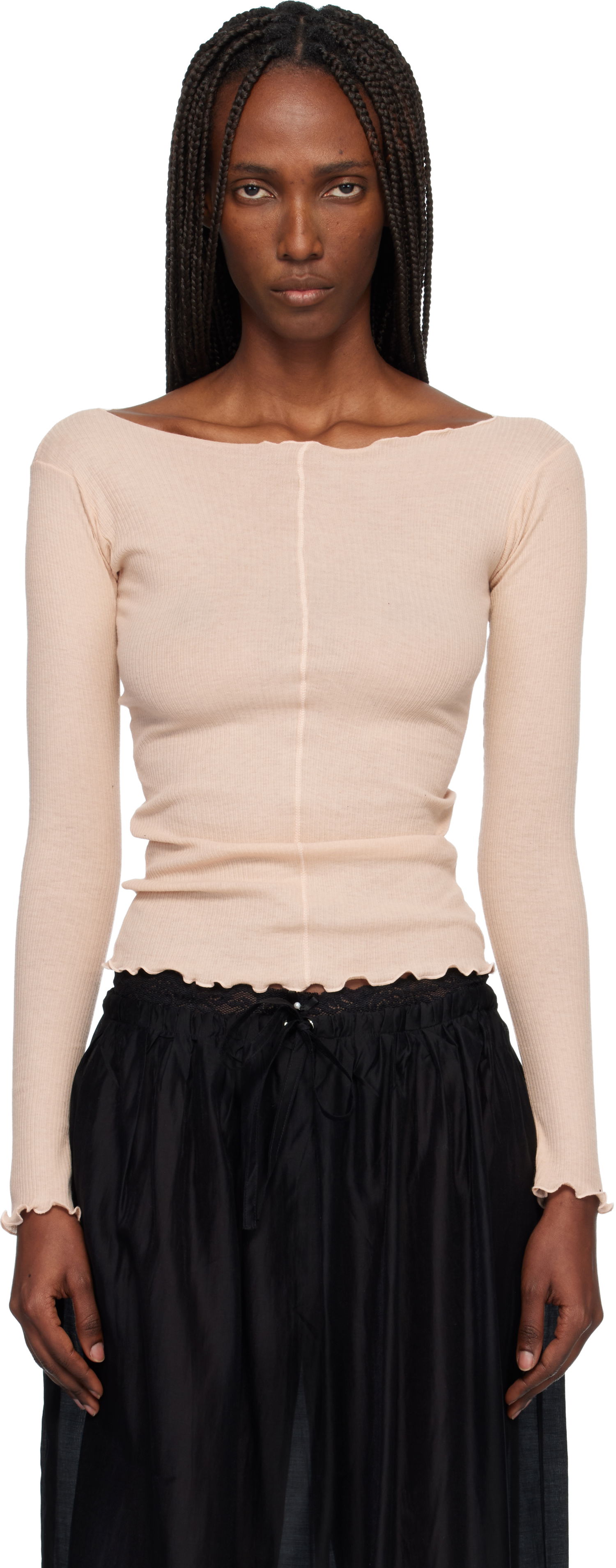 Тениска Baserange Pama Ribbed Lettuce Edge Exposed Seam Long Sleeve T-shirt Бежово | TTPAL-CR-WI25, 0