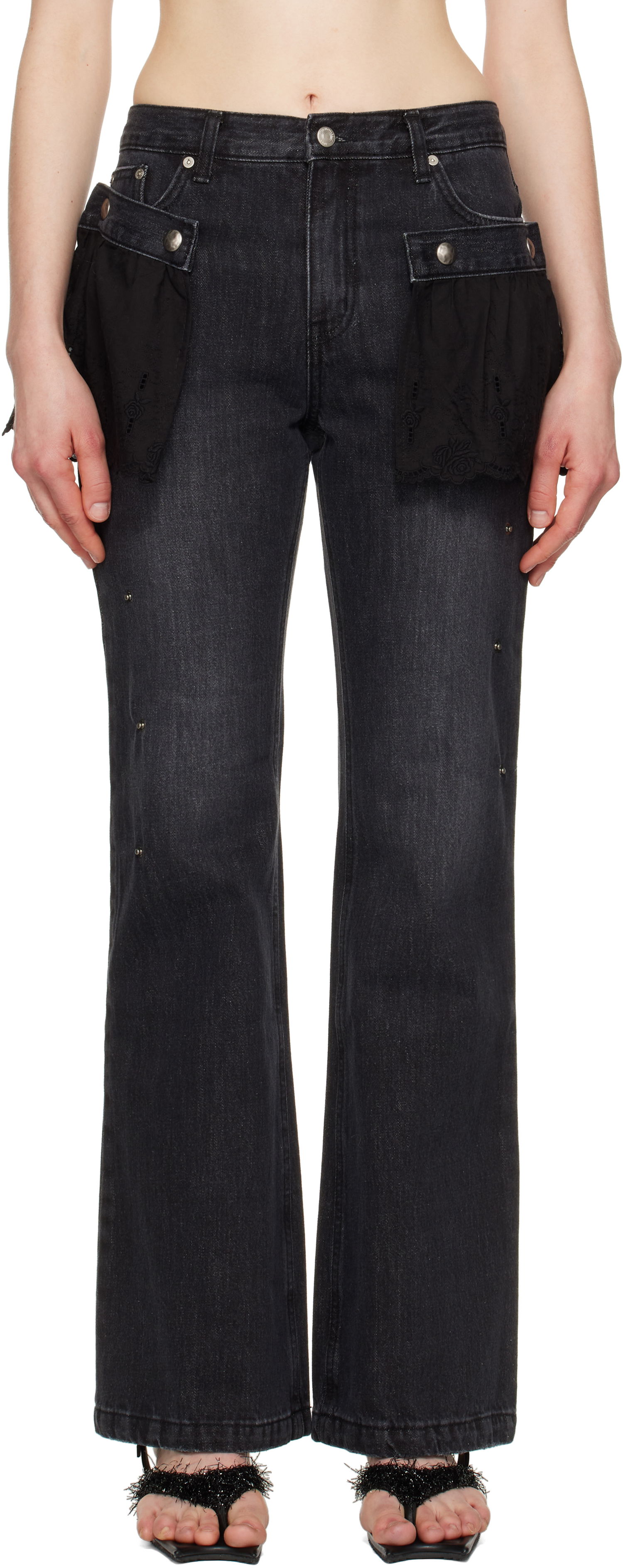 Дънки Andersson Bell Andersson Bell Flower Lace Attached Bootcut Jeans Черно | apa796w, 0