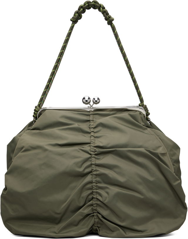 Gathered Nylon Pouch Bag with Braided Camouflage Strap and Clasp Closure