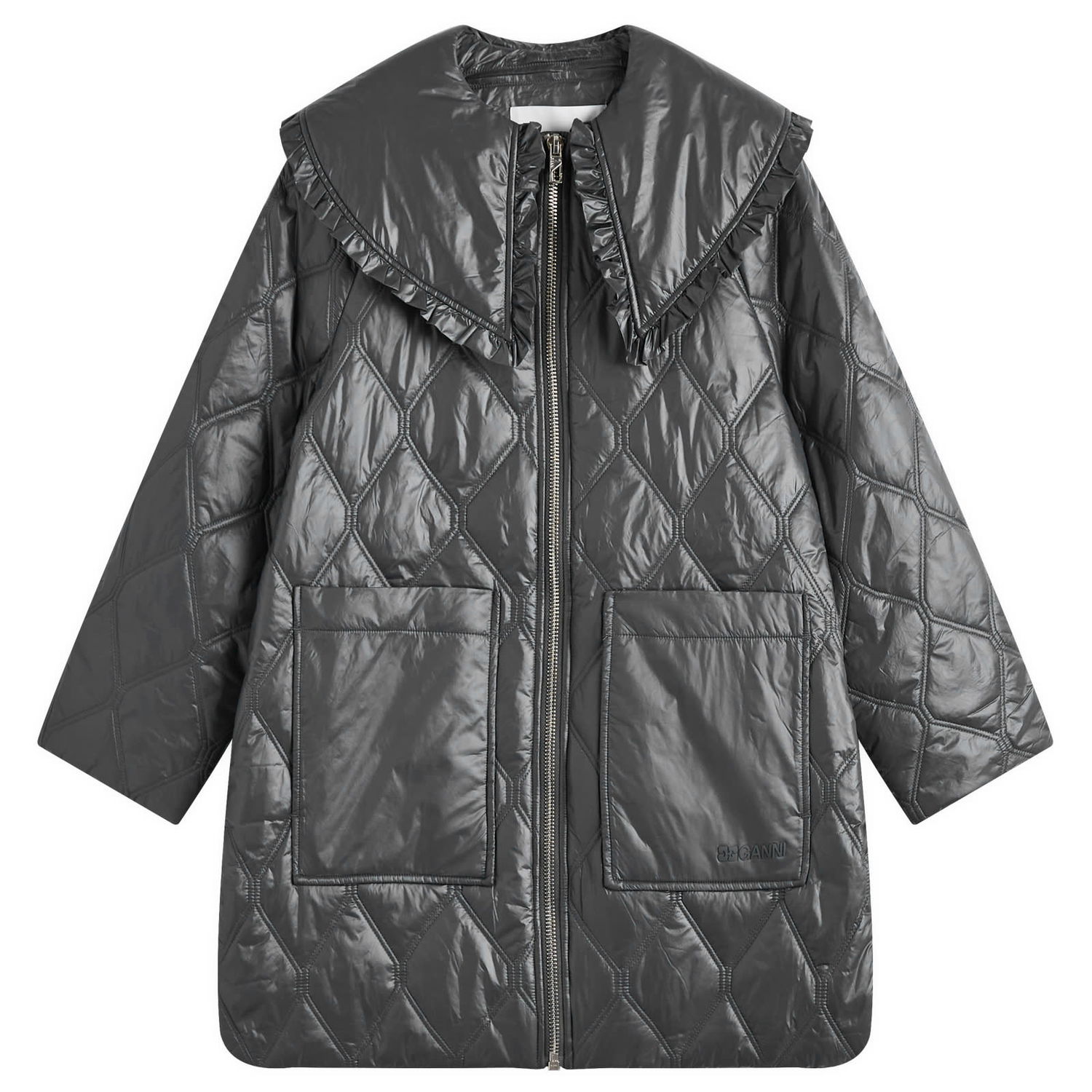 Пухо яке GANNI Shiny Quilt Midi Jacket Сиво | W0170-052, 0