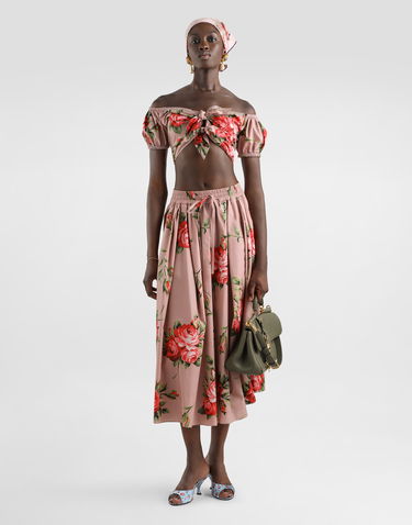 Съкратен топ Dolce & Gabbana Rose Bouquet-print Cotton Off-the-Shoulder Cropped Top with Front Ties Многоцветен | F7AV0THS5UTHF5ZN, 1