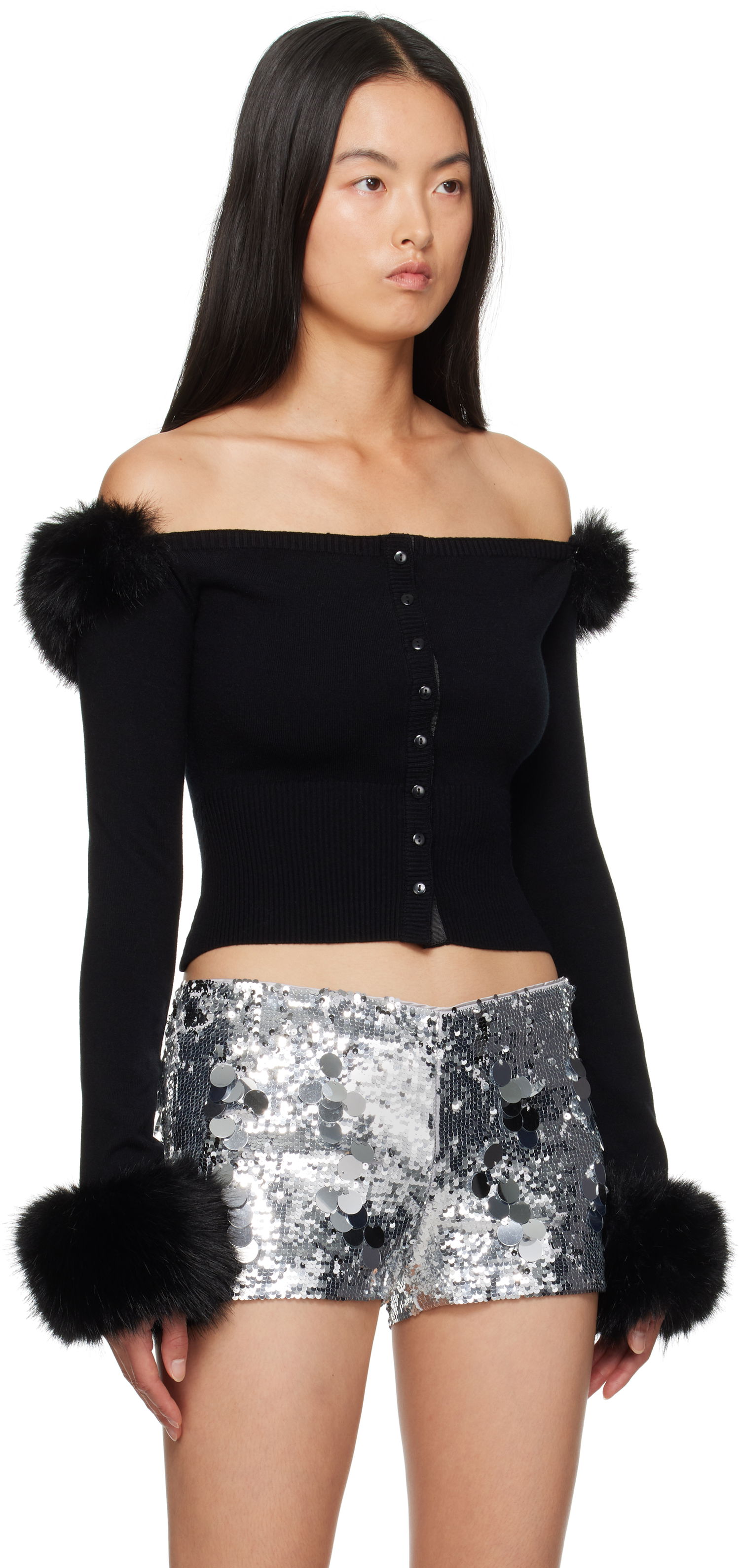 Пуловер GUIZIO Guizio Off-The-Shoulder Faux Fur Cuffs Cardigan Черно | F24111S047, 1