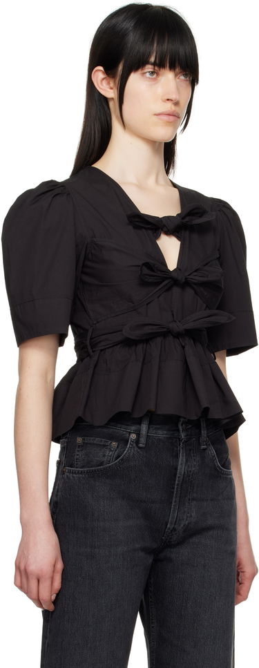 Съкратен топ GANNI Ganni Tie Strap Stretch Cotton Peplum Blouse Черно | W0378, 1