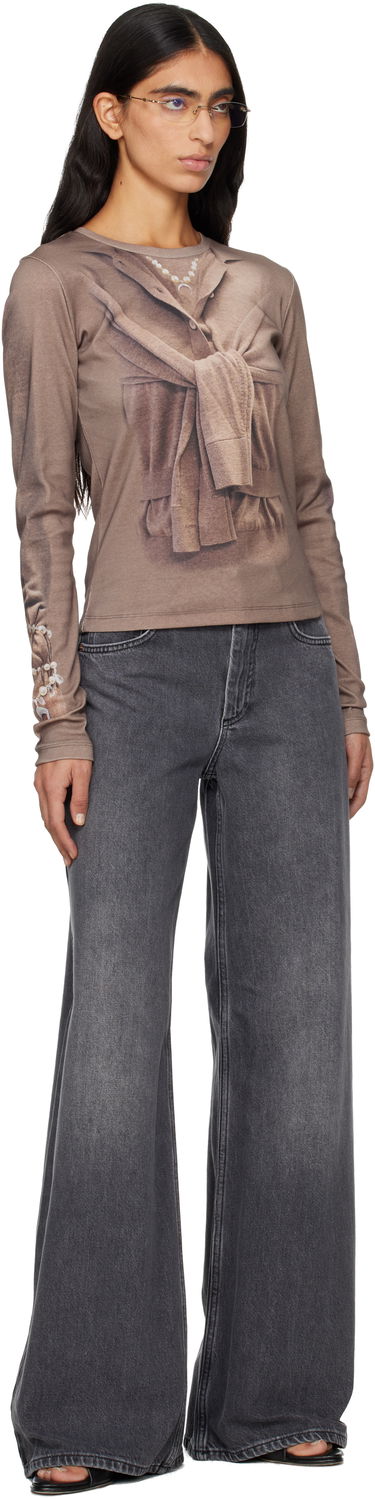 Тениска Marine Serre Trompe-L'Oeil Cardigan Print Knit Jersey Long Sleeve T-Shirt Бежово | WTT032ACJER0091, 3