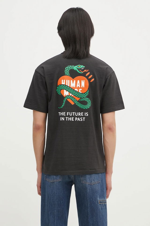 Graphic T-Shirt with Snake, Heart, and 'The Future Is In The Past' Print