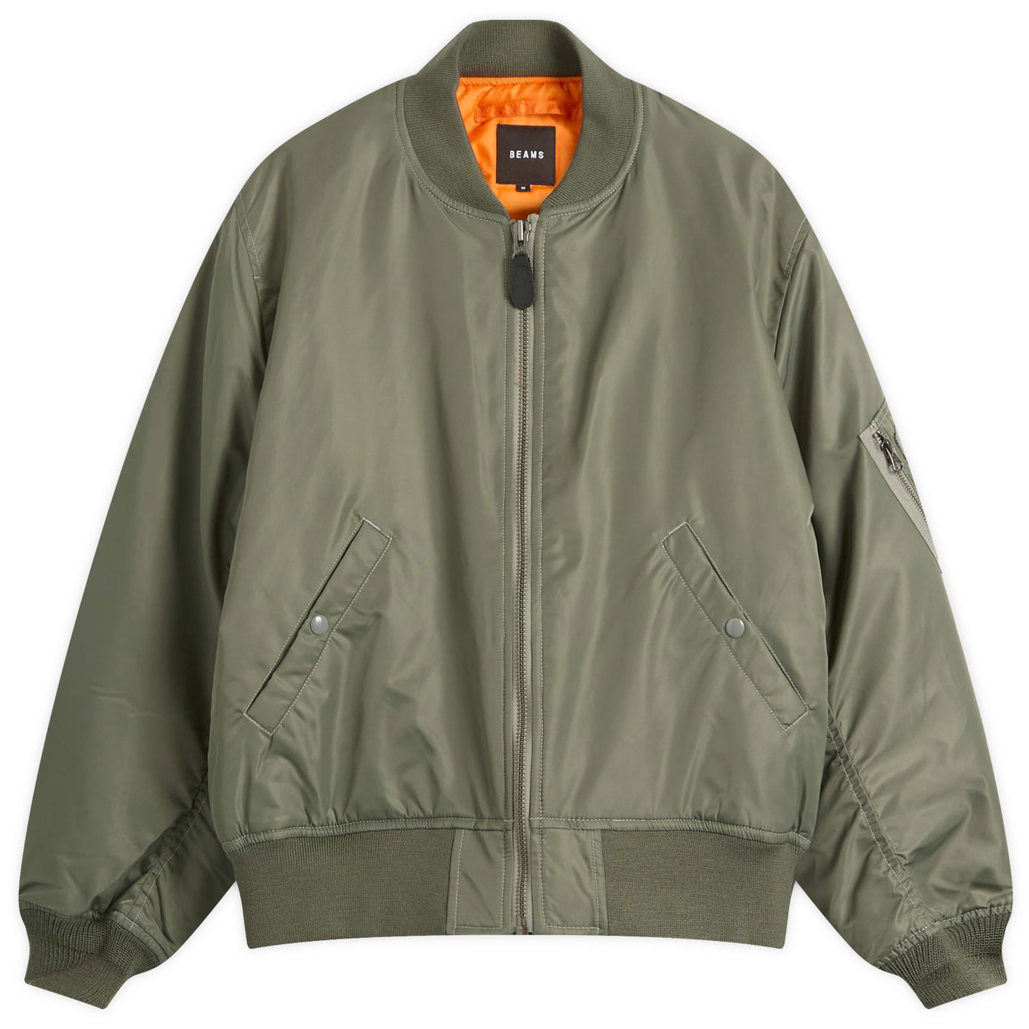 Яке бомбър BEAMS MA1 Bomber Jacket with Ribbed Trims, Zip Closure, Snap Pockets, and Orange Lining Зелено | 1118-5607-139-67, 0