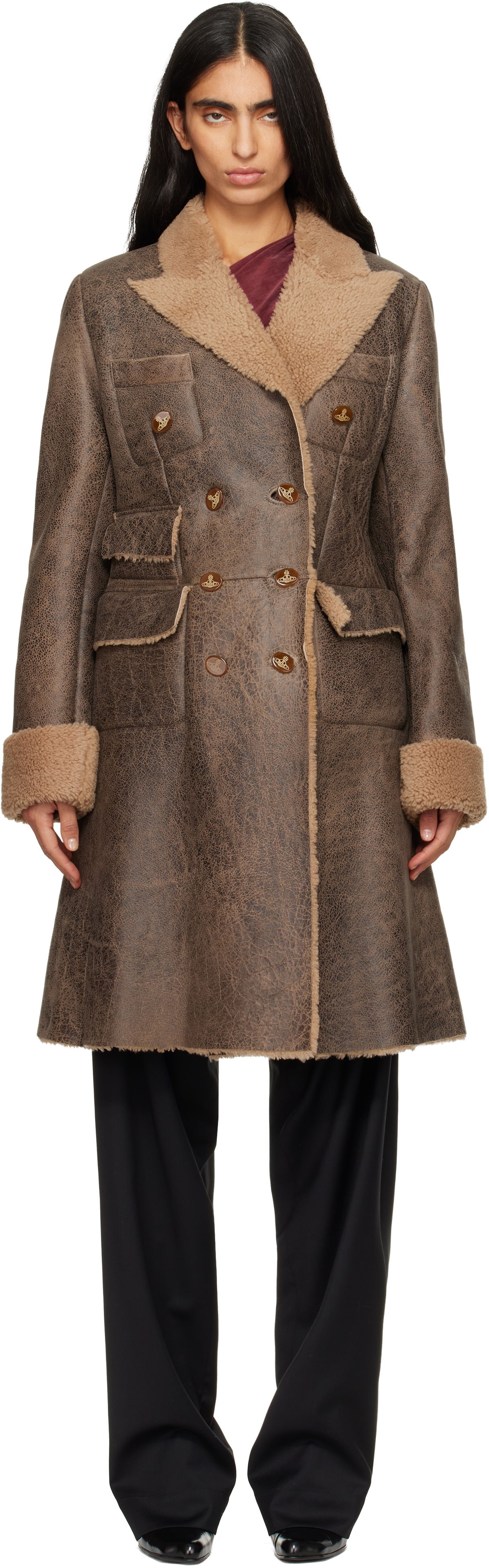 Палта Vivienne Westwood Waisted Double-breasted Shearling Coat Кафяво | 1D01000H-L00CR-, 0