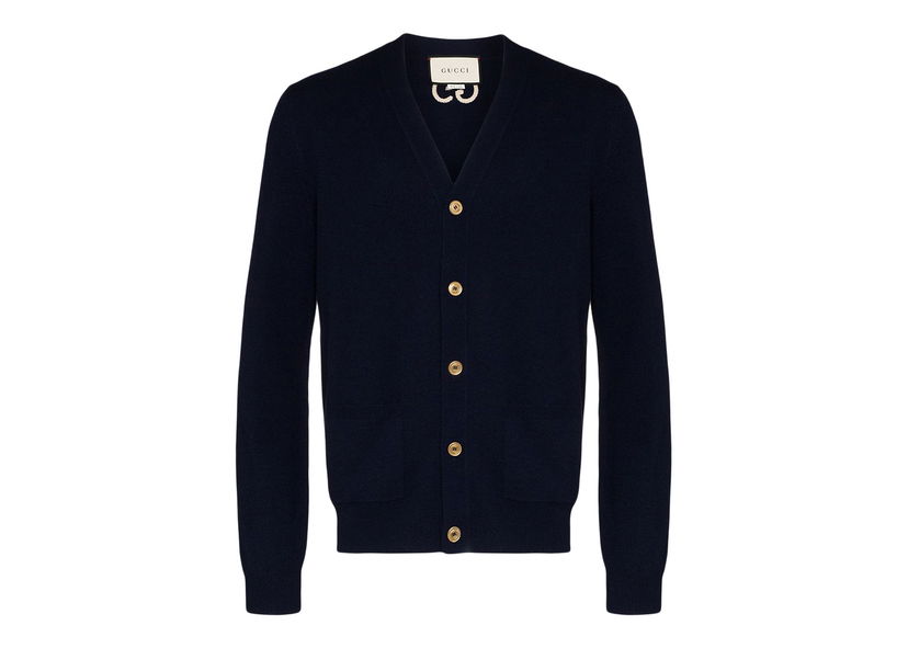 Пуловер Gucci GG Embroidered Logo Cardigan Navy Тъмно синьо | 599866XKA5B4440