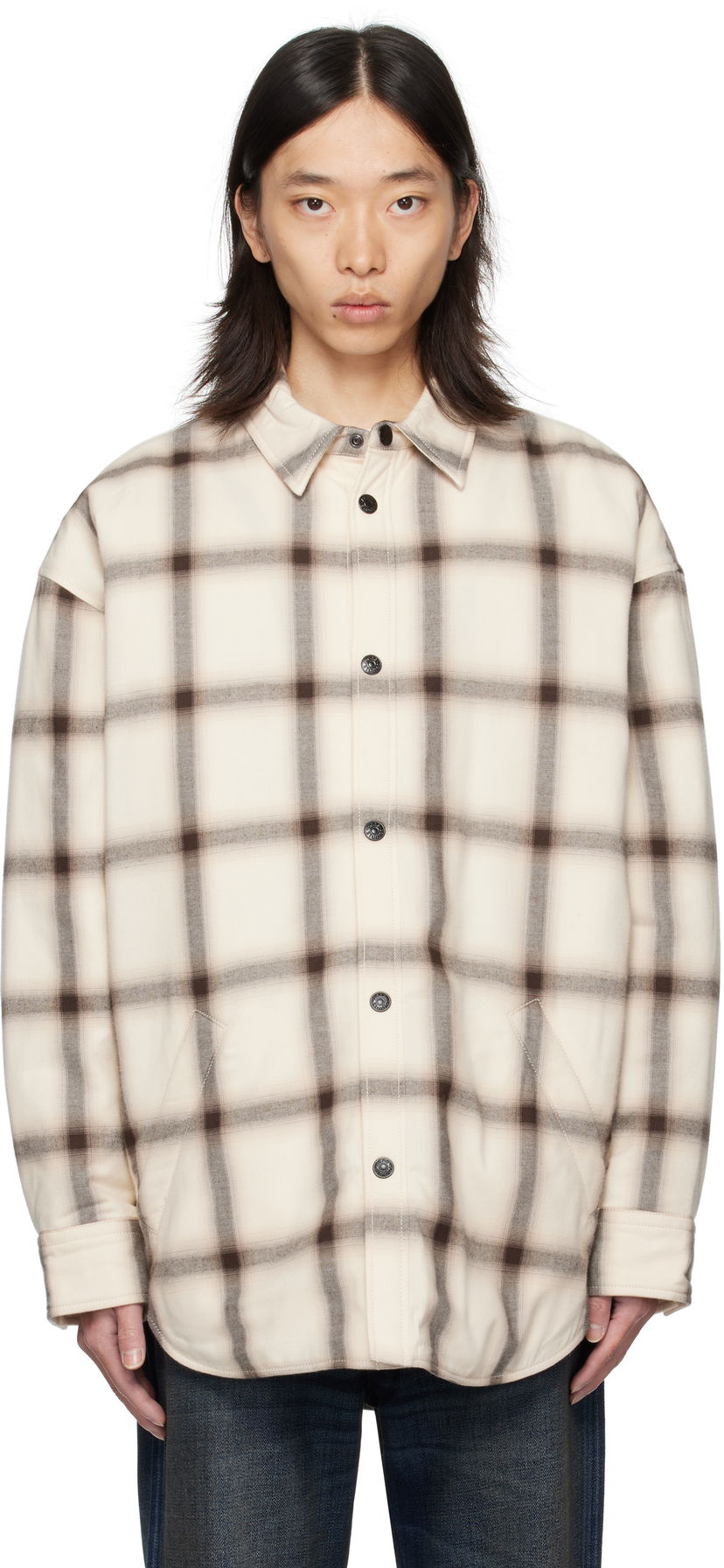 Риза Acne Studios Acne Studios Flannel Button-Up Overshirt Бежово | B90845-