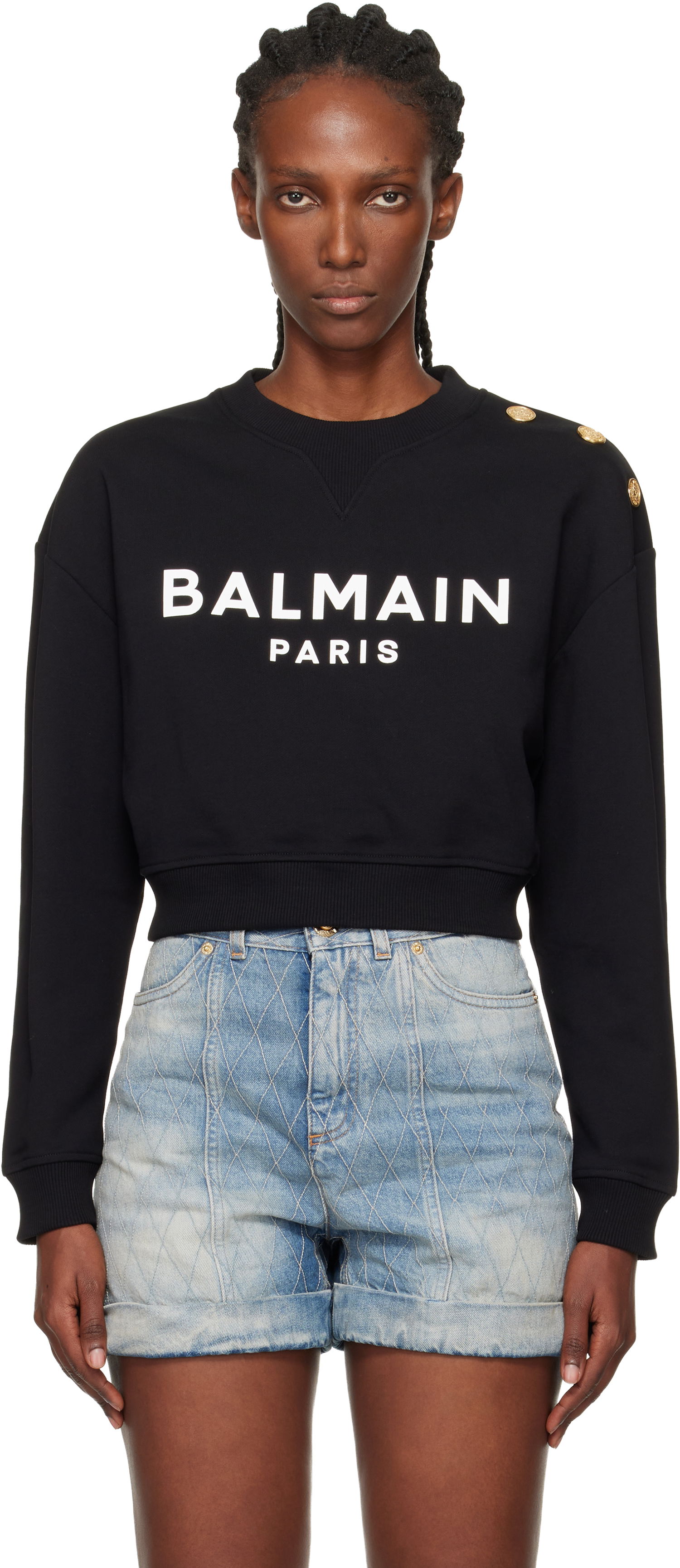 Суитчър Balmain Printed 'Balmain Paris' Cropped Sweatshirt with Gold-Tone Shoulder Buttons Черно | EF1JQ002BB02, 0