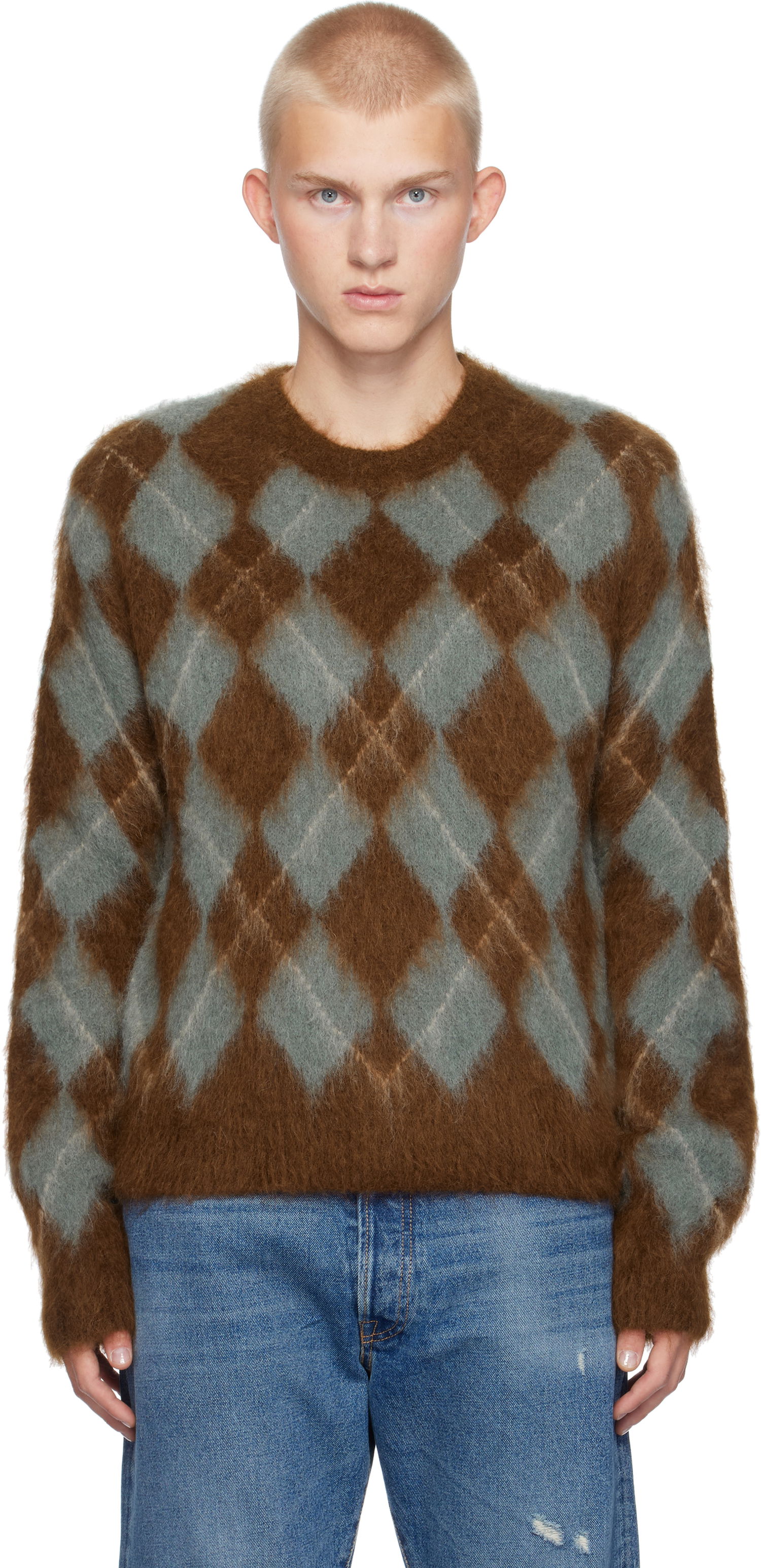 Пуловер AMI Argyle Brushed Sweater Синьо | HKS047.KN0058, 0