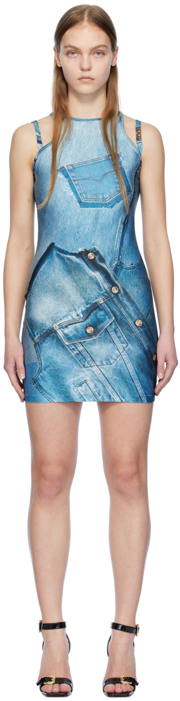 Риза Versace Jeans Couture Blue Printed Minidress Синьо | E76HAO944_EJS278