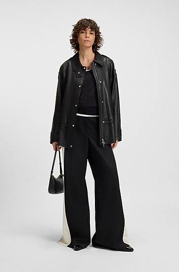 Яке BOSS Long-length biker jacket in leather Черно | 50544445, 1