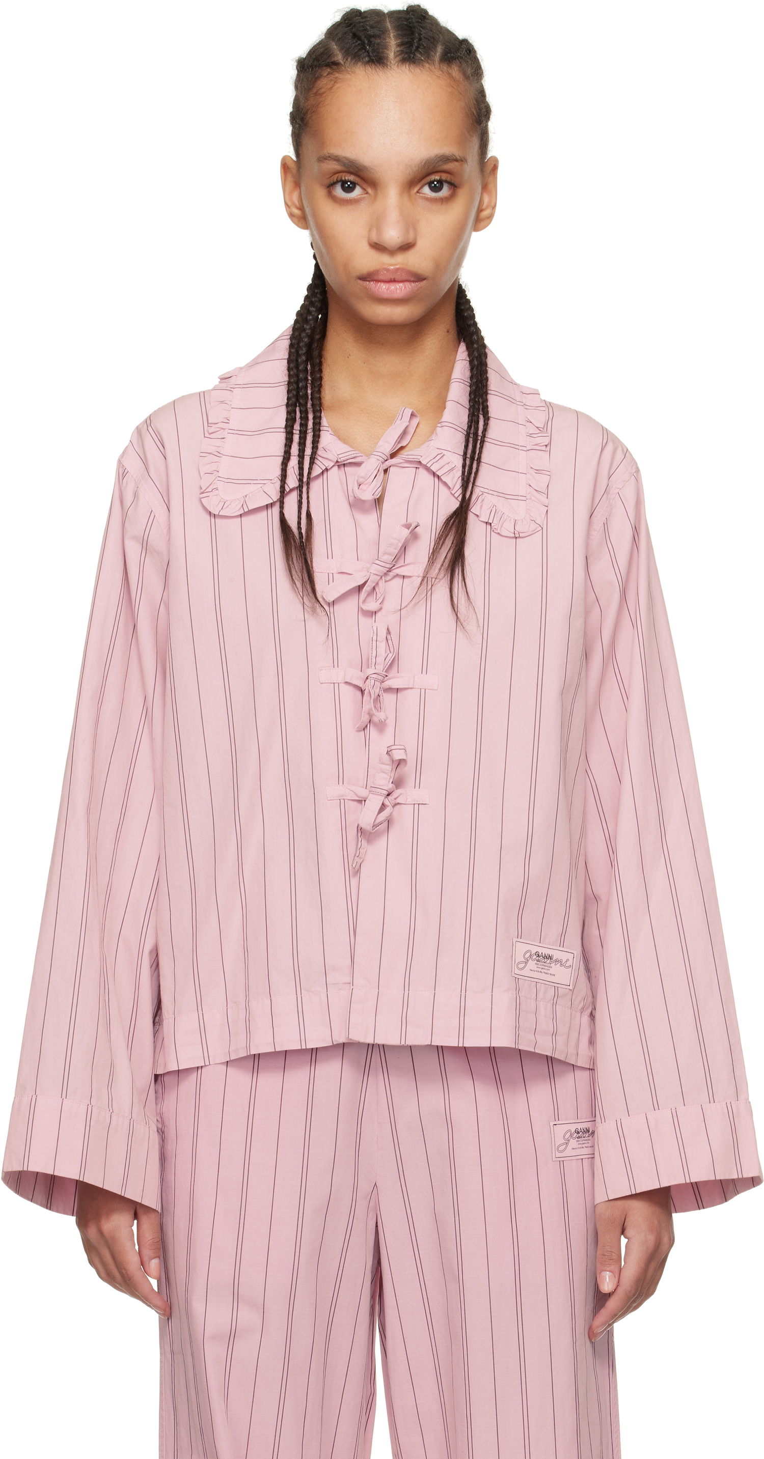 Риза GANNI GANNI Stripe Cotton Pyjama Shirt Розово | W0326, 0
