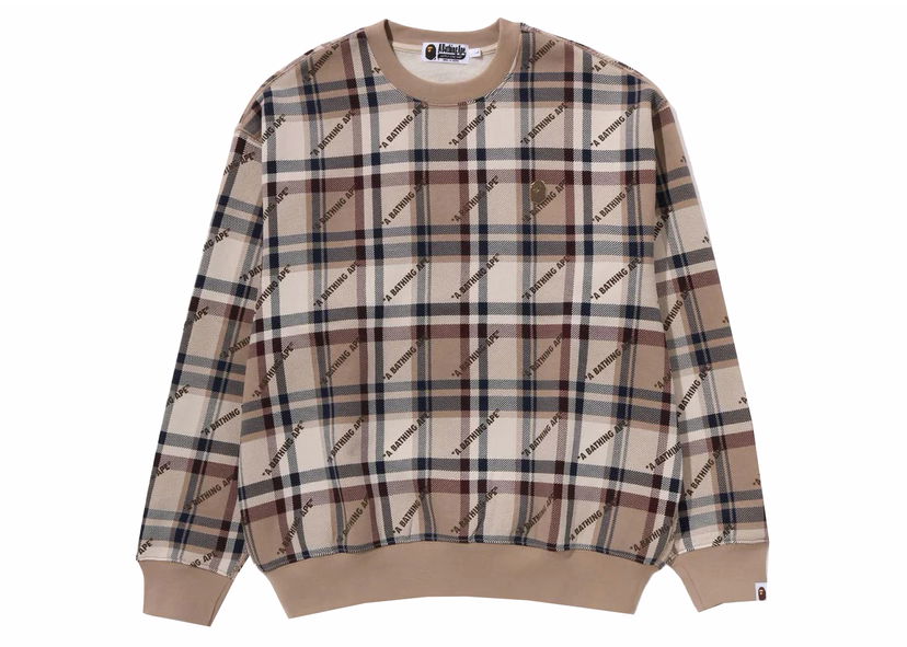 Суитчър BAPE BAPE A Bathing Ape Logo Check Pattern Crewneck Beige Кафяво | 1J80-113-061