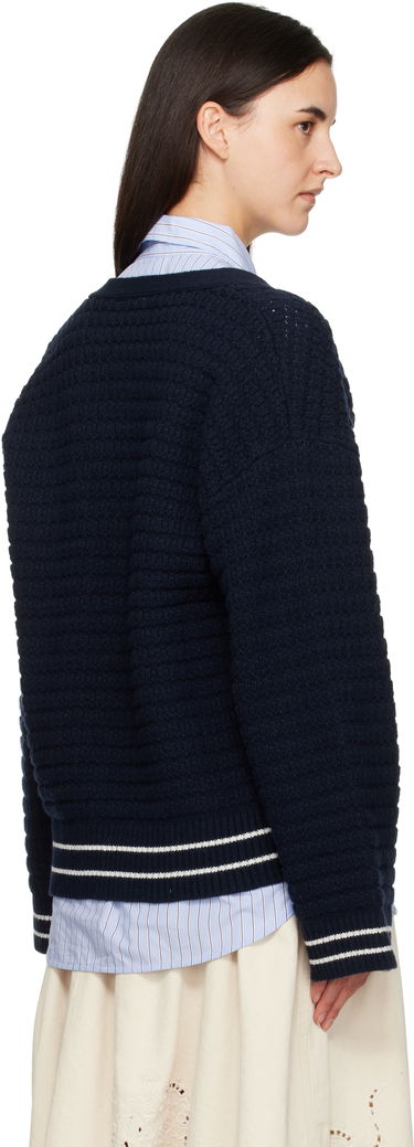 Пуловер GANNI Textured Knit Wool V-Neck Cardigan with Gold-Tone Buttons and Striped Trim Тъмно синьо | K2634, 2