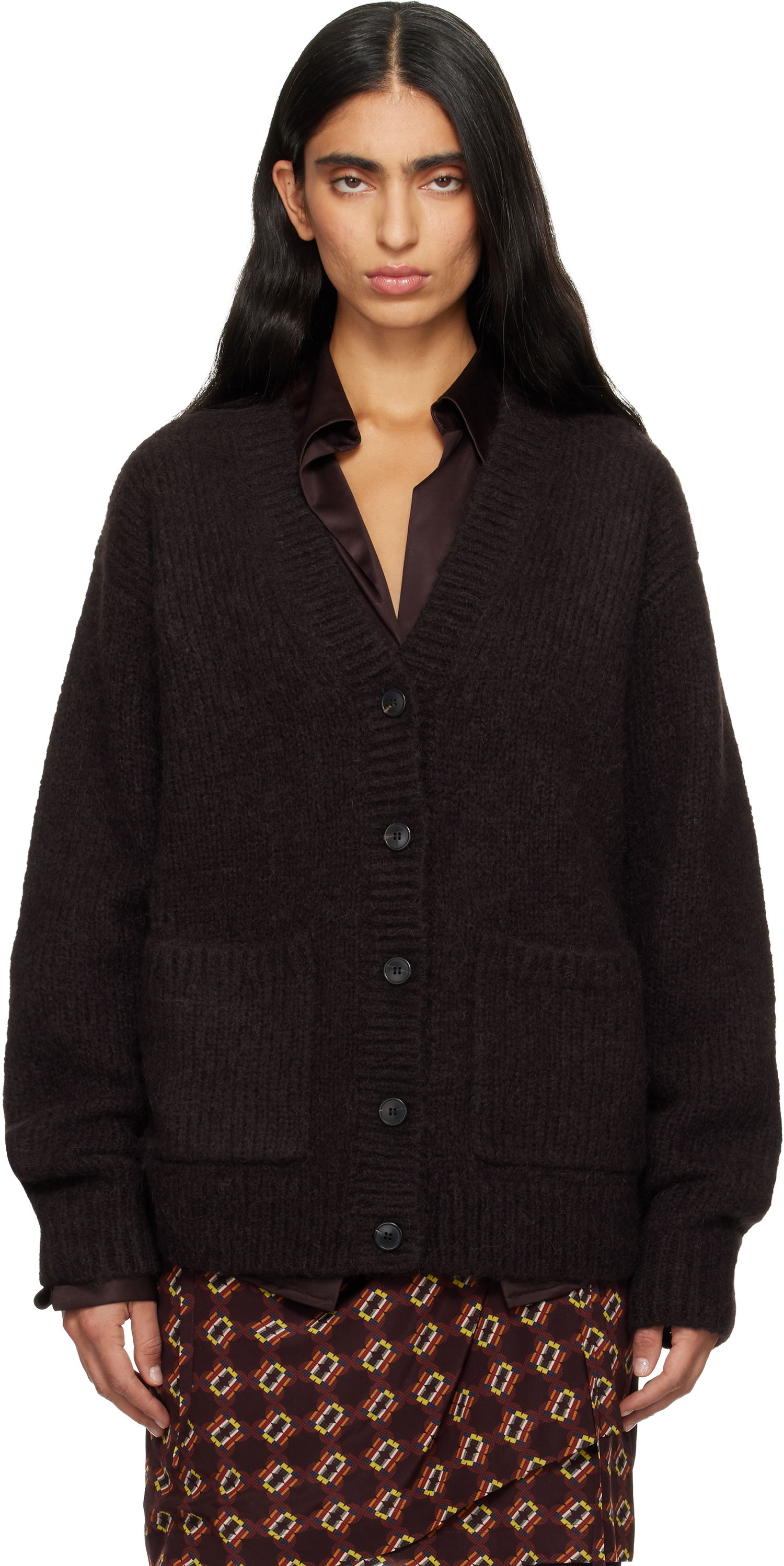 Пуловер Dries Van Noten Dries Van Noten Alpaca V-Neck Cardigan with Patch Pockets Кафяво | 252-011226-2709, 0