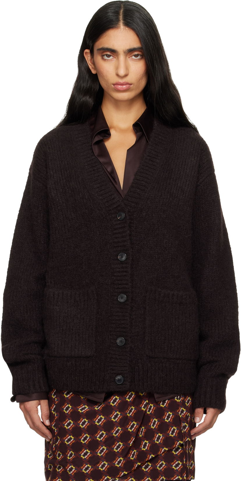 Пуловер Dries Van Noten Dries Van Noten Alpaca V-Neck Cardigan with Patch Pockets Кафяво | 252-011226-2709
