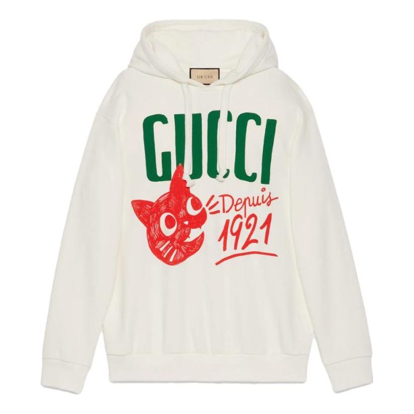 Суитчър Gucci Gucci Cotton Jersey Hoodie with Cat Print Бяло | 717427-XJFNL-9095, 0