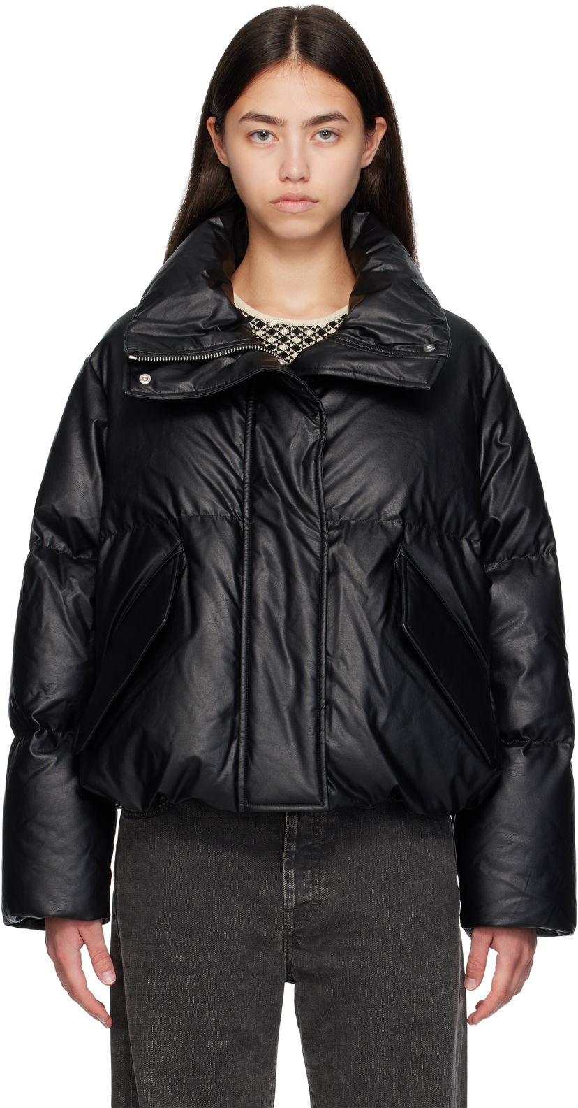 Пухо яке Maison Margiela MM6 Maison Margiela Faux-Leather Zip Down Jacket Черно | S52AM0338 S53057
