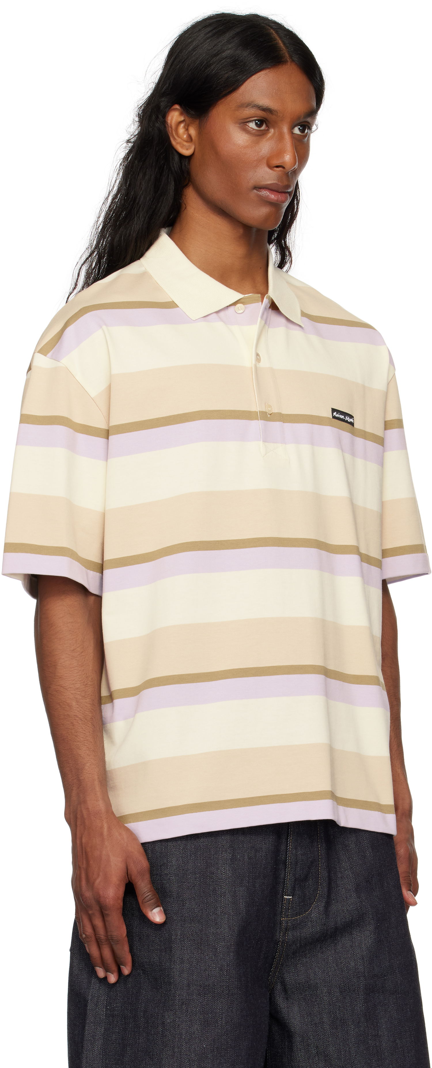 Поло тениска MAISON KITSUNÉ Maison Kitsuné Striped Oversize Polo Бежово | OM00206KJ7019, 1