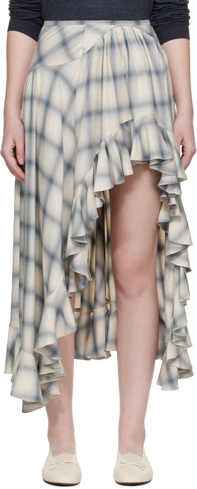 Florist Plaid Ruffled Asymmetric Midi Skirt