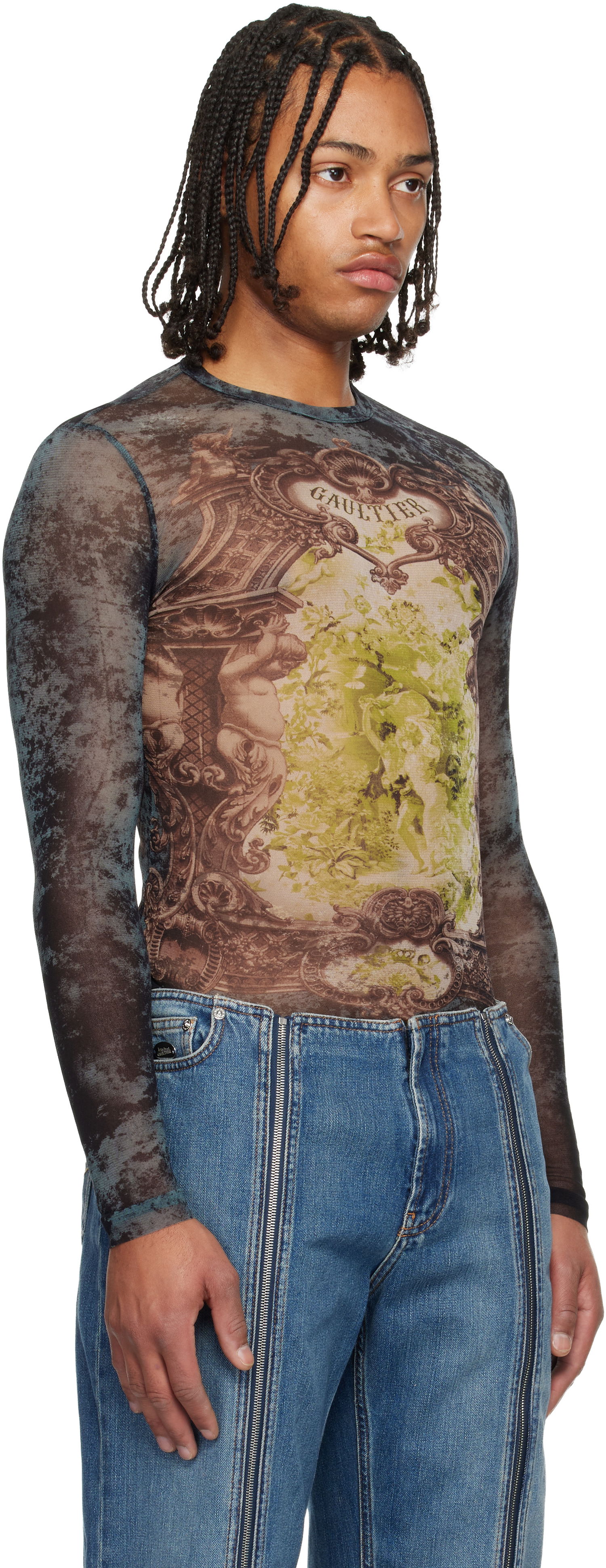 Тениски и потници Jean Paul Gaultier The Blue Médaillon Printed Long Sleeve Mesh Top Многоцветен | 25/04-W-TO305-M006P-005740, 1