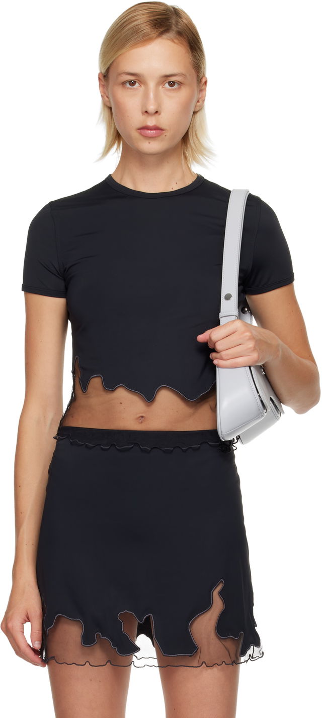 T-Inlay-R1 Short-Sleeve Cropped Scalloped Mesh-Trim T-Shirt