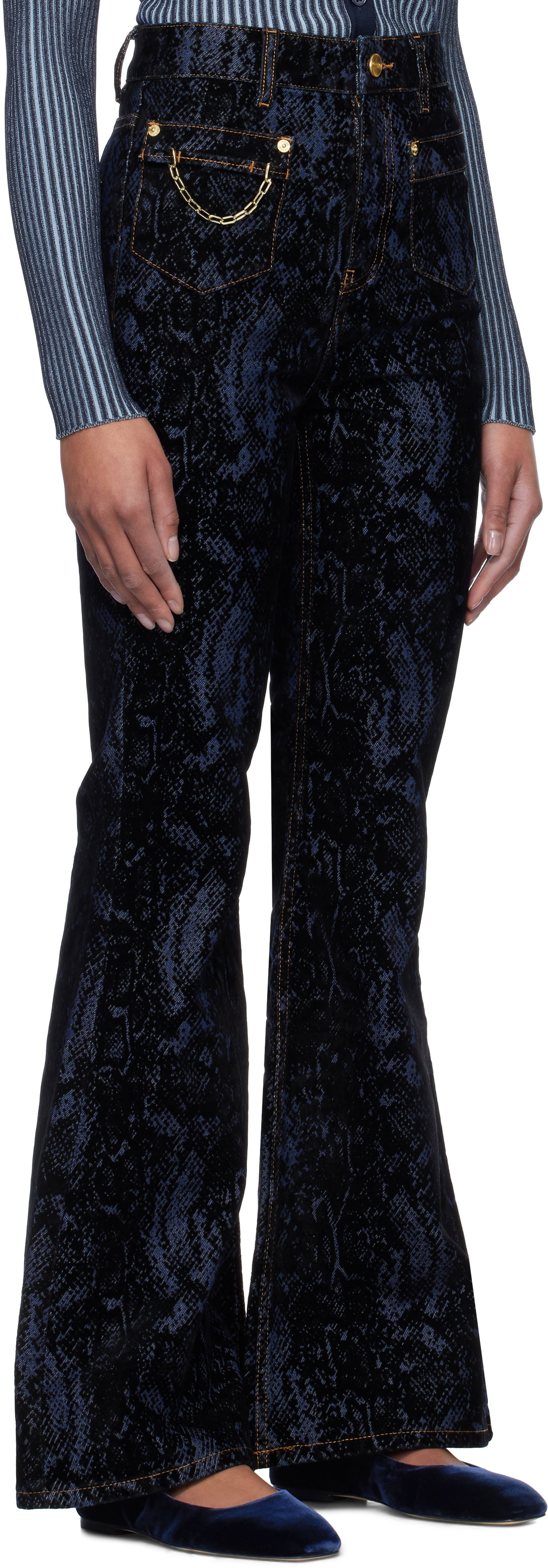 Дънки GANNI GANNI Goddi Snake Print Flare Jeans Синьо | J1612, 1