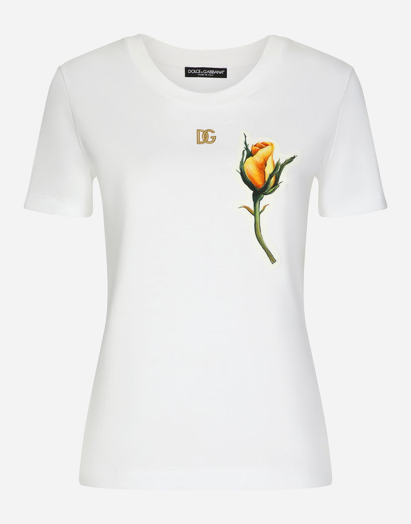 Тениска Dolce & Gabbana Jersey T-shirt With Dg Logo And Yellow Rose-embroidered Patch Бяло | F8T00ZGDCBTW0800