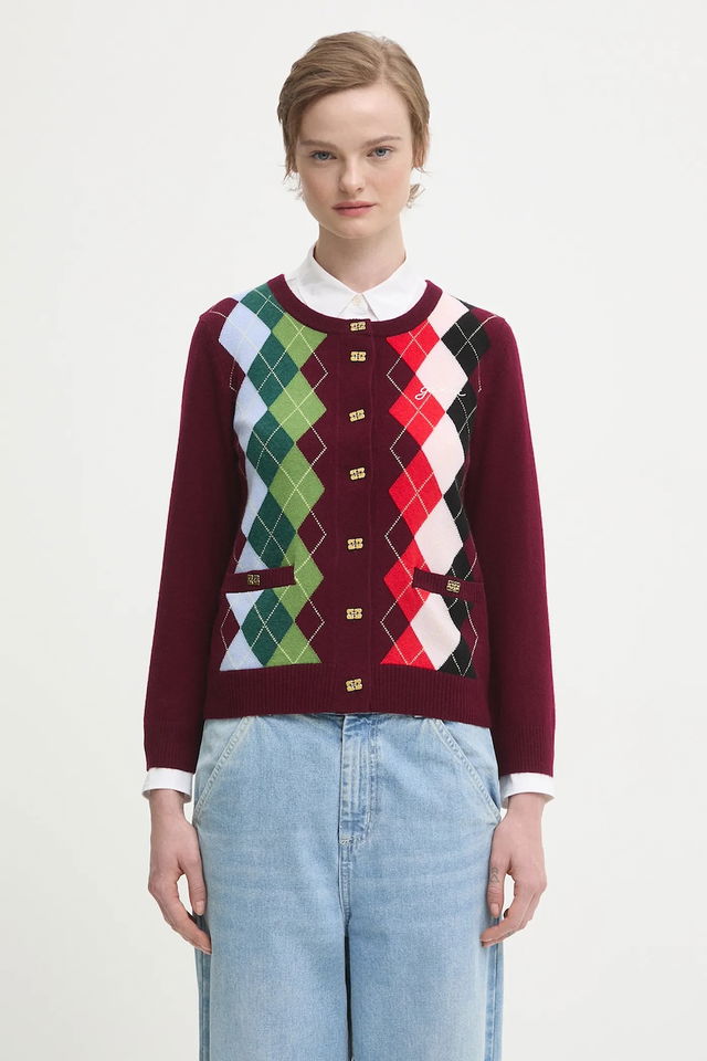 Argyle Pattern Cashmere Wool Mix Round Neck Button-Front Cardigan