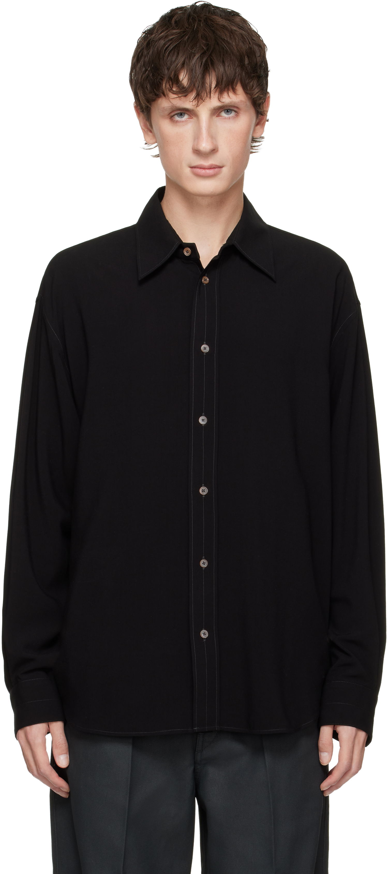 Риза LEMAIRE Long-Sleeve Relaxed Shirt with Contrast Stitching Черно | SH1206 LF1286, 0