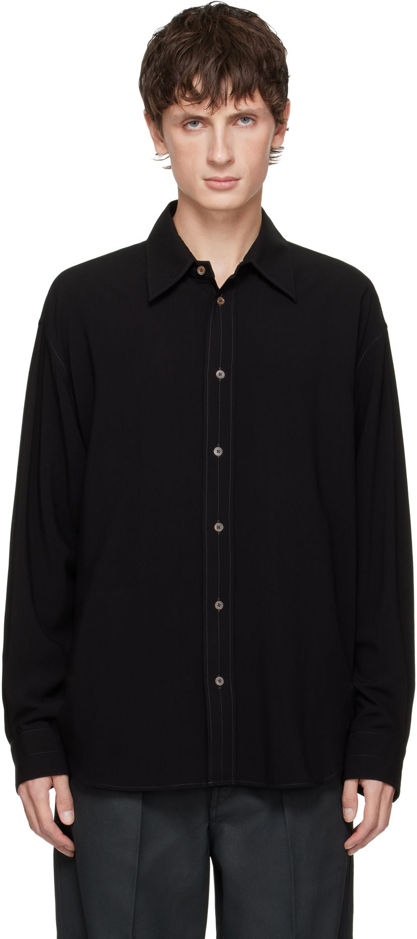 Риза LEMAIRE Long-Sleeve Relaxed Shirt with Contrast Stitching Черно | SH1206 LF1286