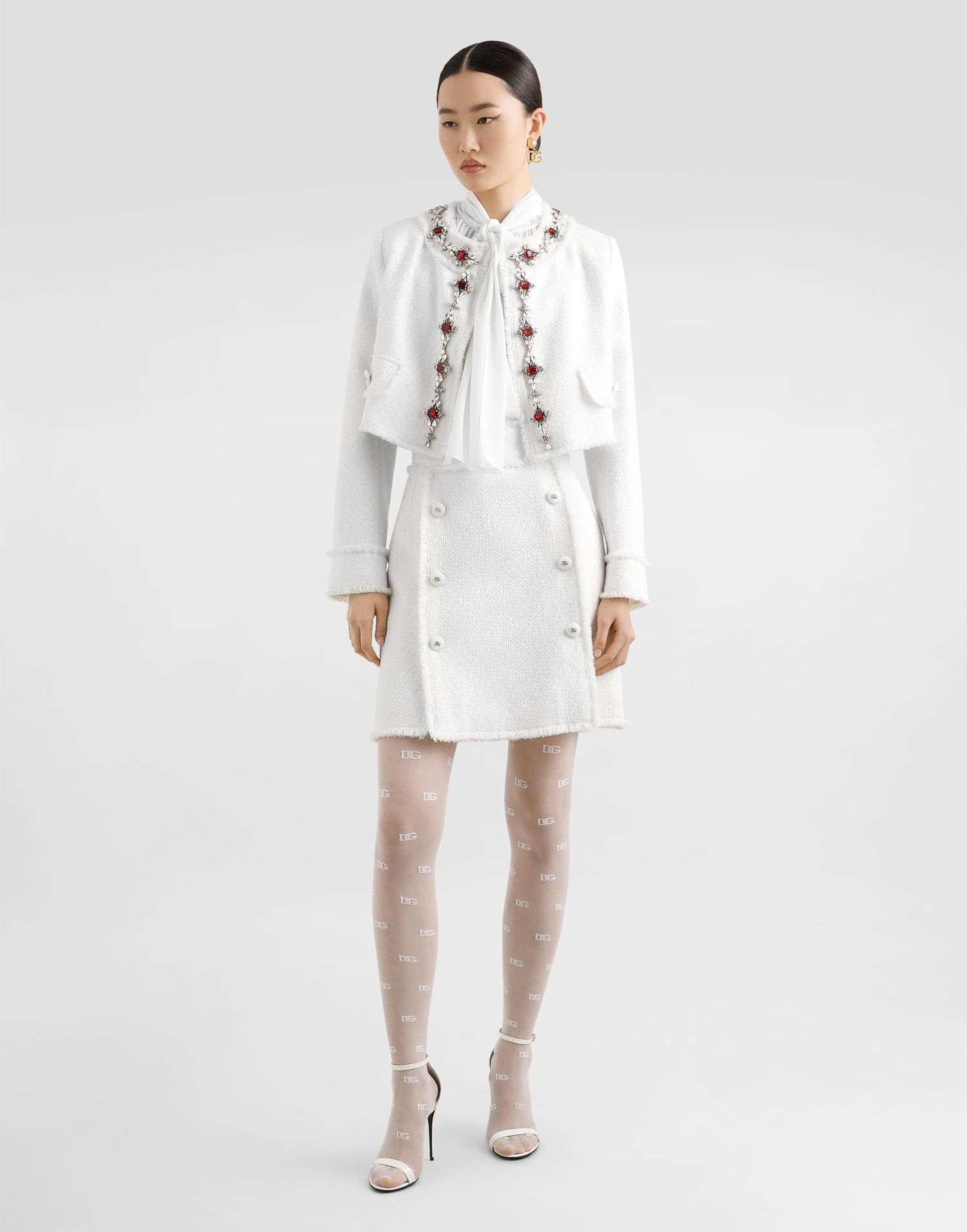 Пола Dolce & Gabbana Dolce & Gabbana Rachel Tweed Skirt with Frayed Edges and DG Buttons Бяло | F4C03THUMUAW3789, 1