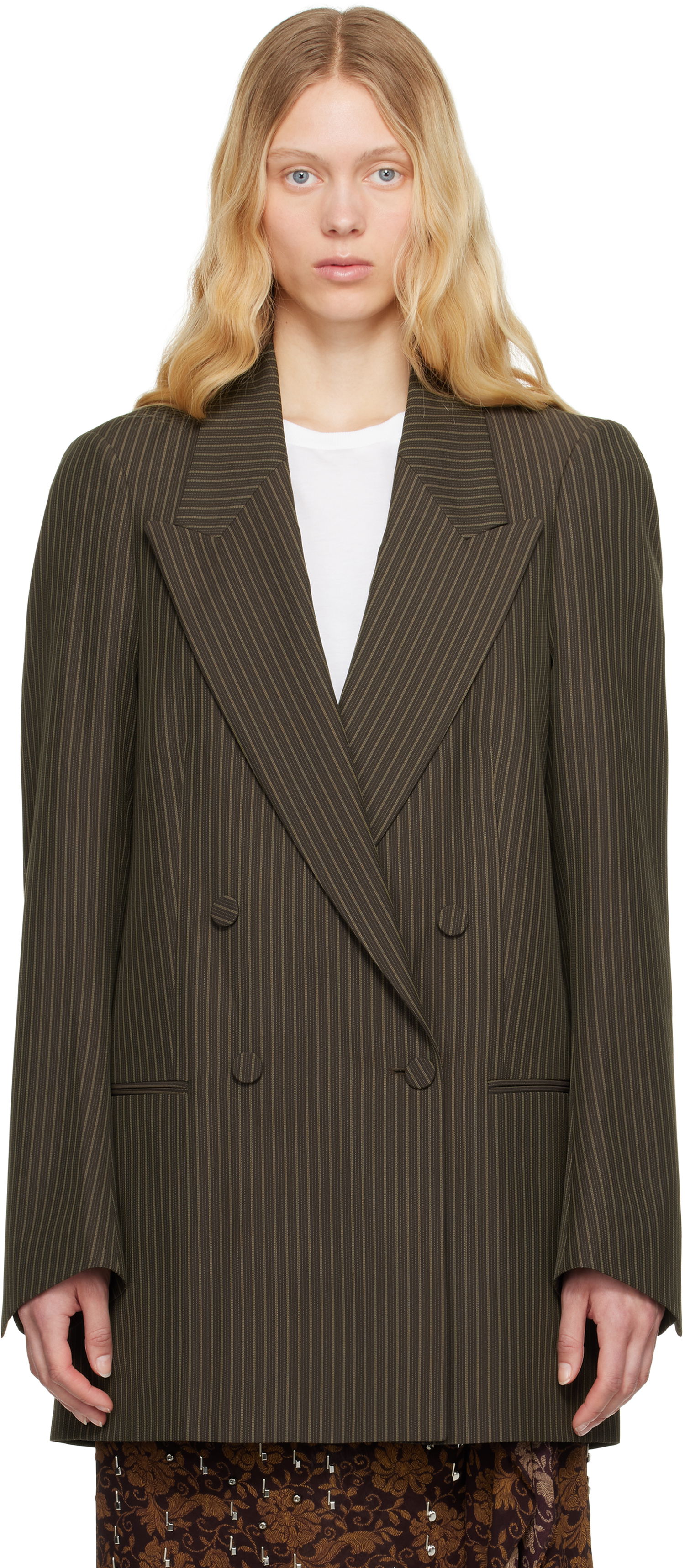 Яке Dries Van Noten Dries Van Noten Pinstriped Double-Breasted Blazer Кафяво | 251-010409-1065, 0