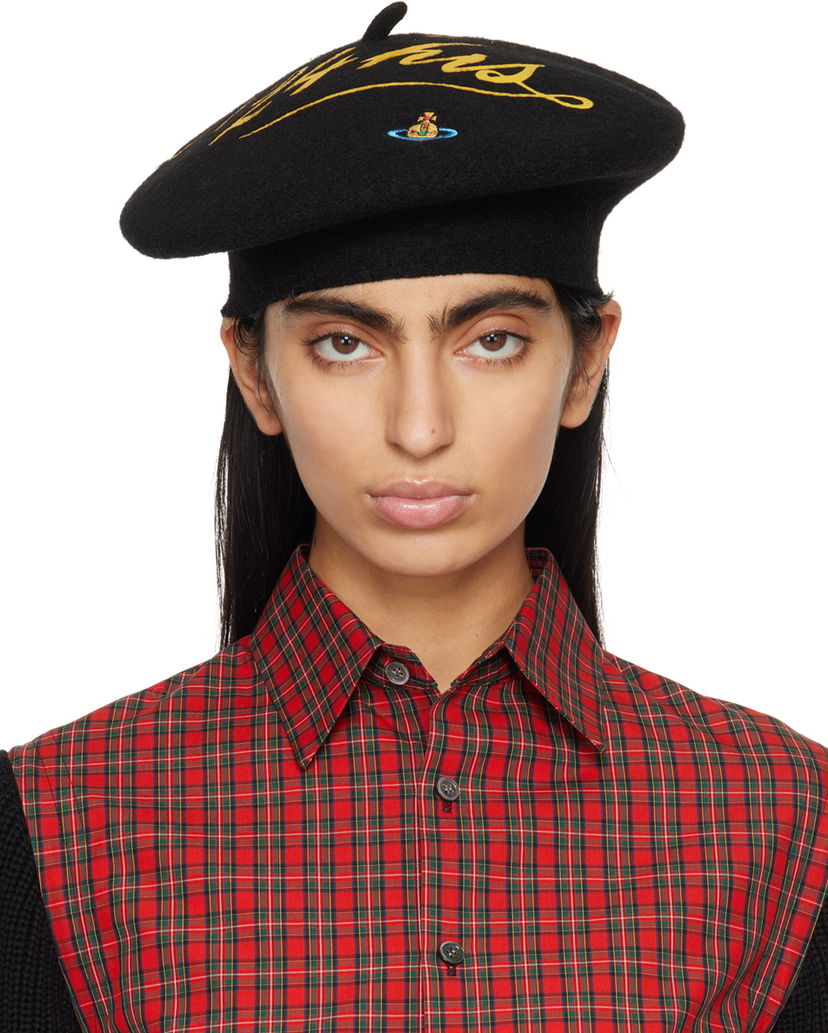 Шапка с козирка Vivienne Westwood Black 'Open 24 Hours' Beret Черно | 8102001E-K002V-OL