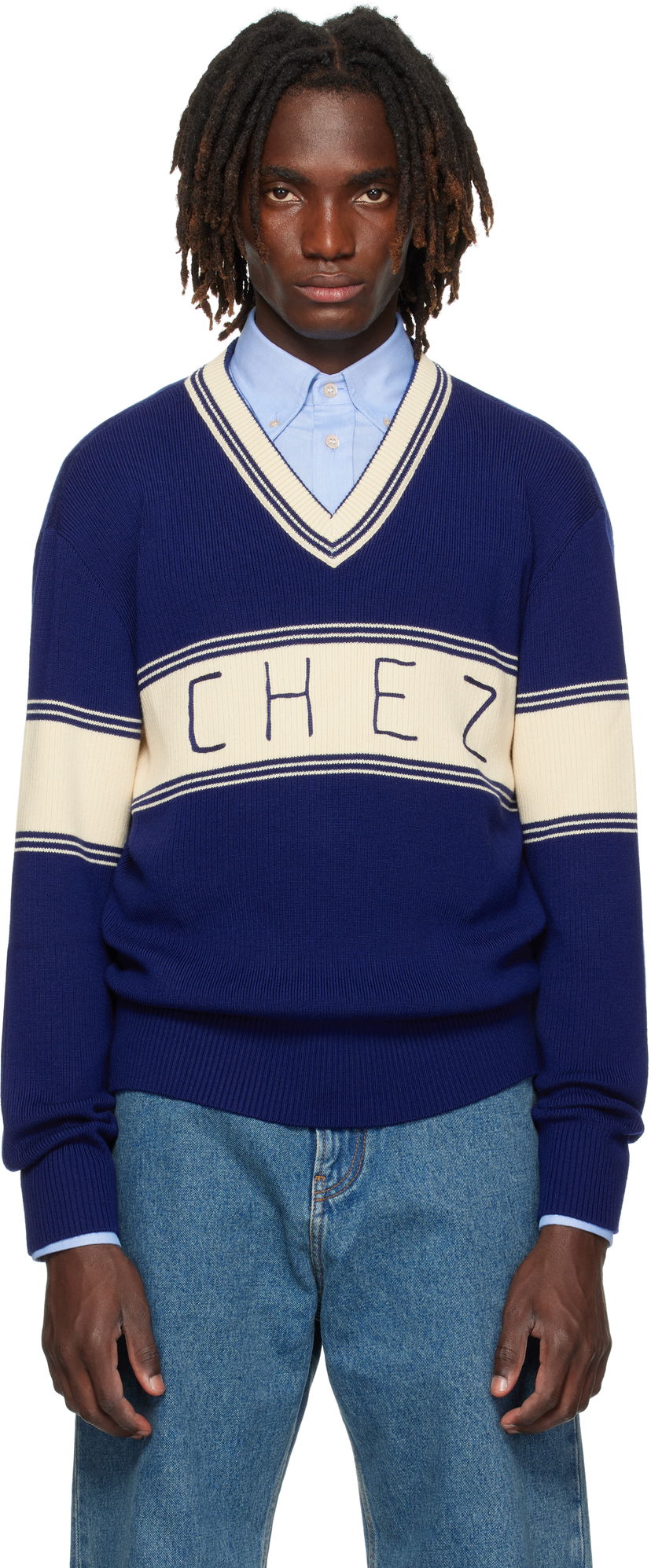 Пуловер Valentino Valentino 'Chez Valentino' Jacquard Pattern Sweater Синьо | 7V3KC34KB02