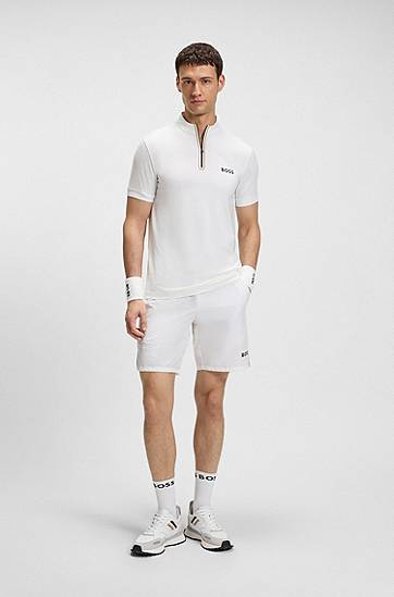 Поло тениска BOSS BOSS Active Zip-Neck Stretch-Mesh T-Shirt Бяло | 50543347, 1