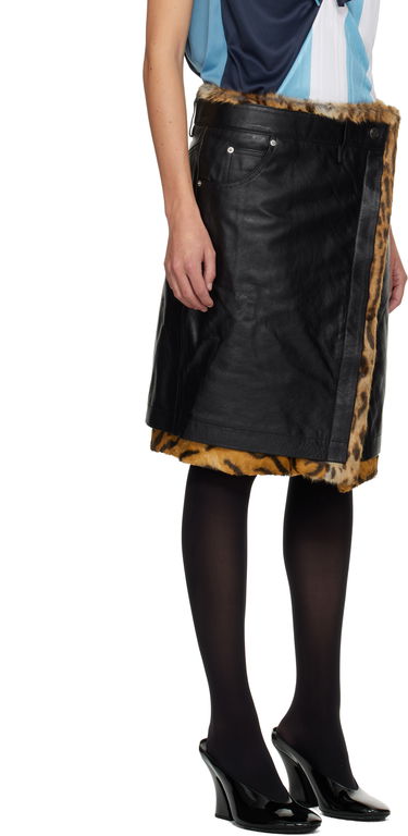 Пола Martine Rose Martine Rose Wrap Leather Midi Skirt with Leopard Print Fur Trim Черно | 568LP18001, 1