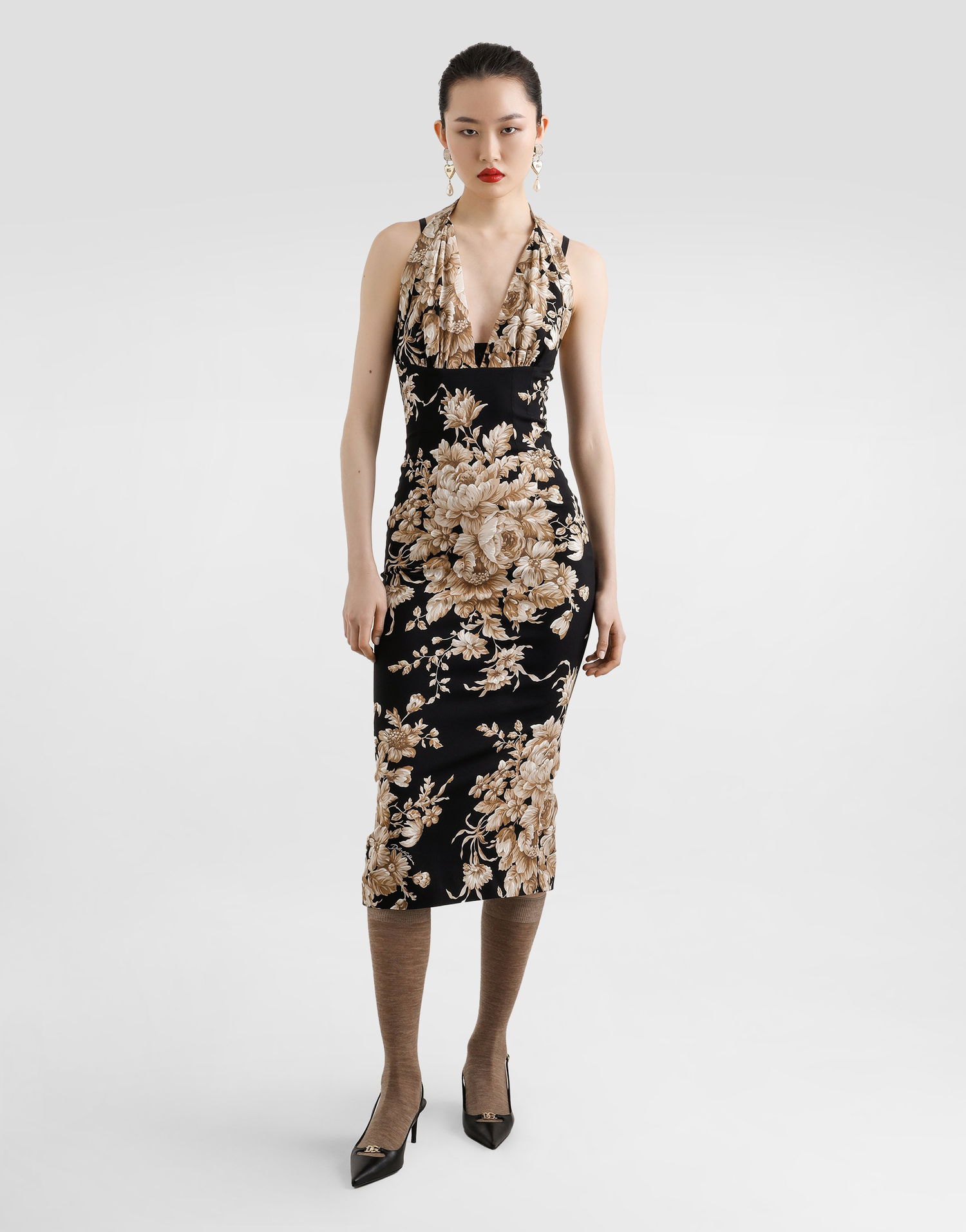 Pокля Dolce & Gabbana Dolce & Gabbana Rose-Print Halter Charmeuse Midi Dress Черно | F6TYMTFSA7YHN4OX, 1