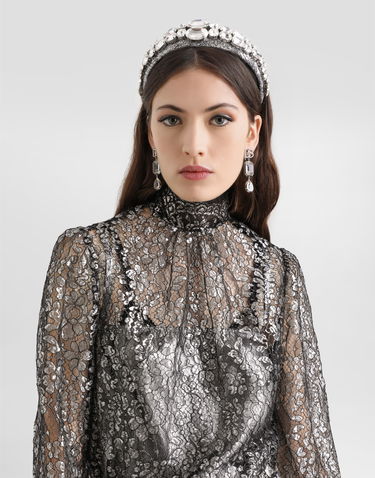 Риза Dolce & Gabbana High-neck Long-sleeve Lamé Lace Top with Scalloped Hem, Collection Металик | F7BD7TILMCFS0998, 3